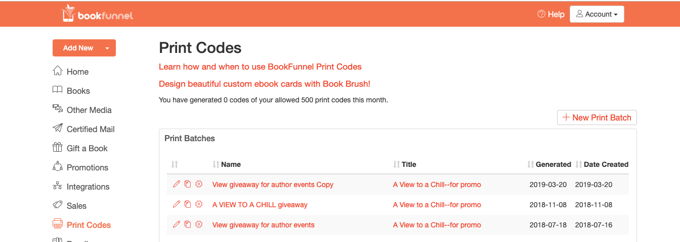 Bookfunnel page for print codes