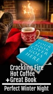 Image of crackling fire, coffee cut and book for the perfect Holiday Ad to customize