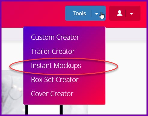 An screen capture showing where to find Instant Mockups in Book Brush