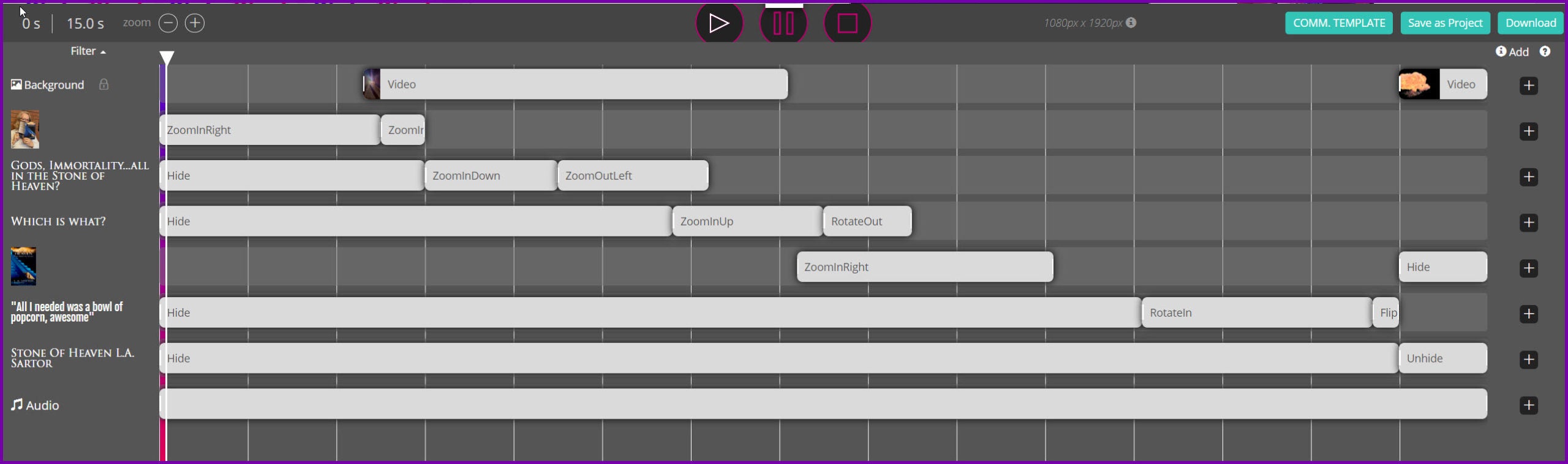 Screen shot of what the Trailer Creator timeline looks like for L.A. Sartor's TikTok style trailer