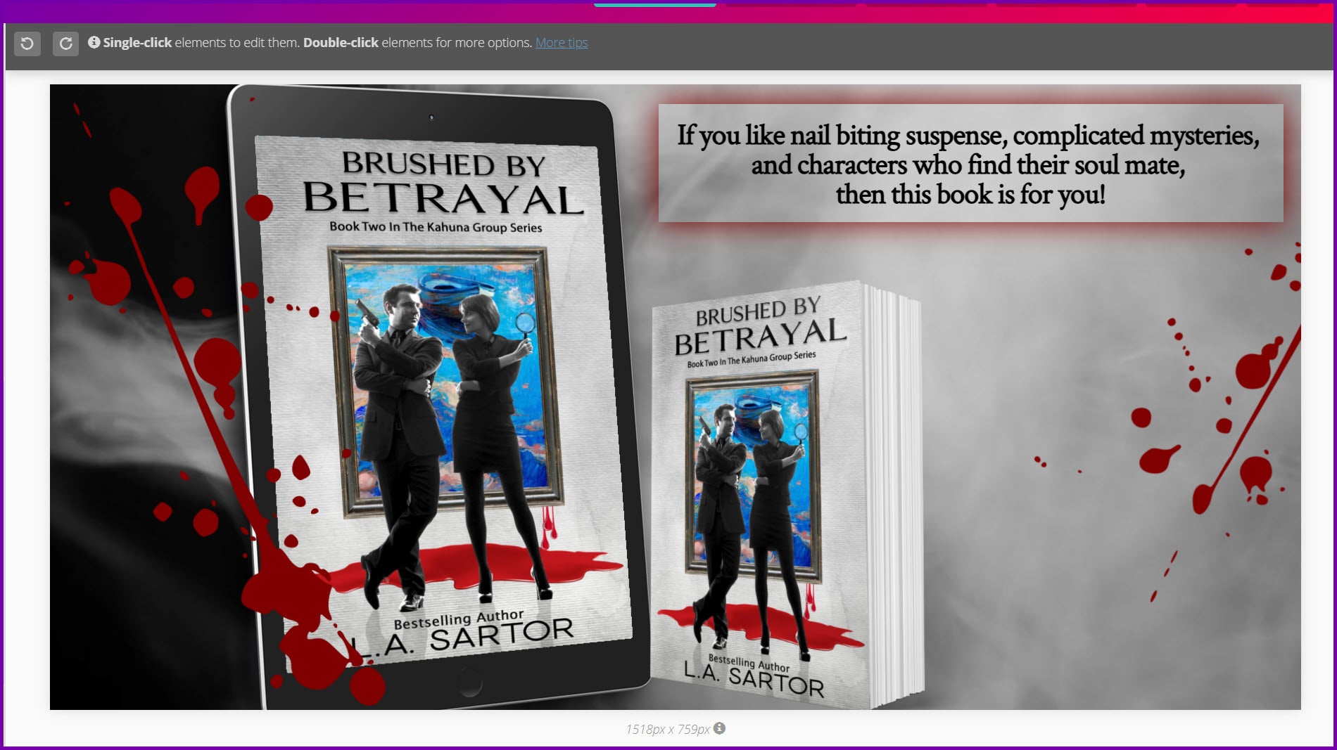 The designed ad for L.A. Sartor's Brushed By Betrayal suspense with books and blood splatters laid out as wanted