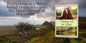 Image of book cover set again the scenery of a historical, using the books blurb for the ad