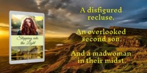 Image of rugged land with the book's cover and snippet of blurb