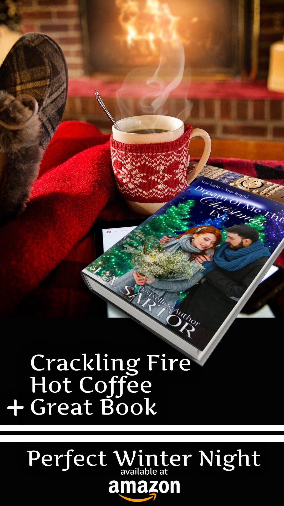 Cozy fireplace meme with L.A. Sartor's book