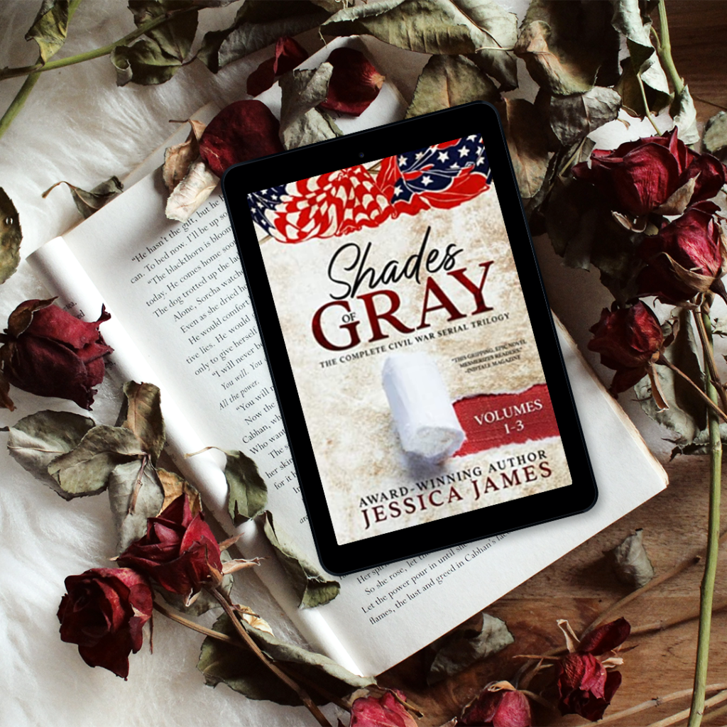 Mockup meme with dried red roses and cover of Civil War Historical Romance