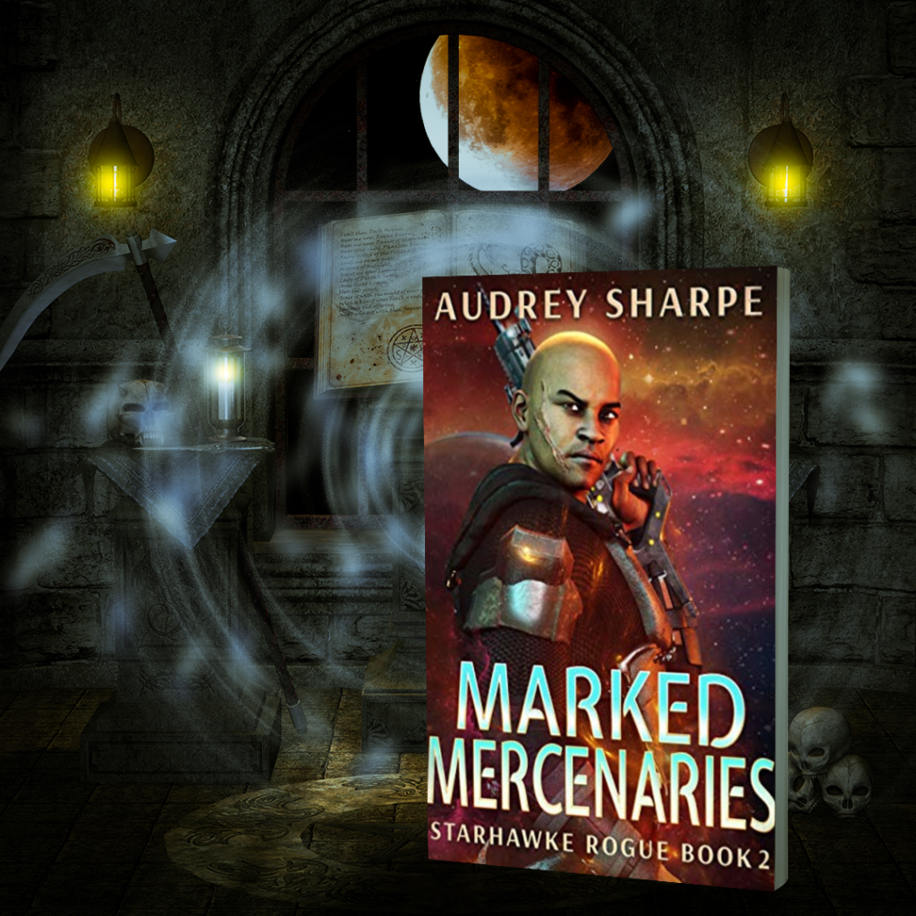 Audrey Sharpe's sci-fi cover illustration of a furturistic world and mercenary works well with a background that mimics it