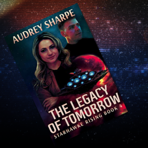 This cover of a woman and man with space ship uses a Book Brush meme to mimic the colors in the cover