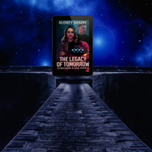 This instagram meme from Book BrushSci-Fi Cover with woman and man and space ship, on a meme with a brick path leading to the cover and blue lights in the background