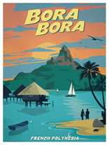 A retro styled, brightly illustrated poster of Bora Bora